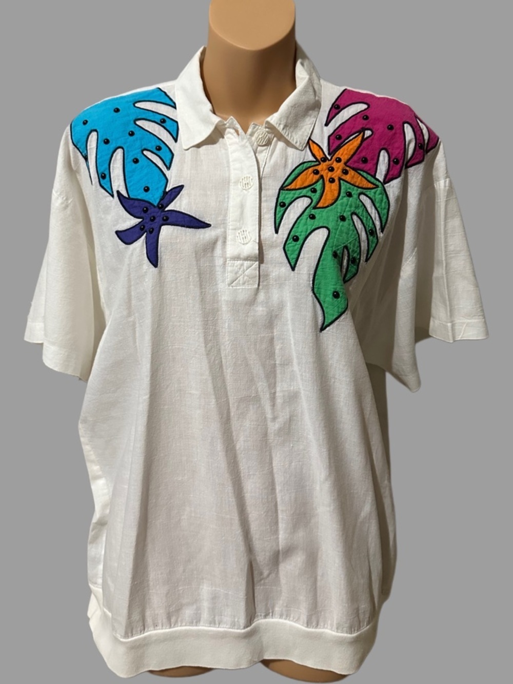 Paris Saint-Germain White Short-Sleeve Polo with Multicolor Tropical Appliqué